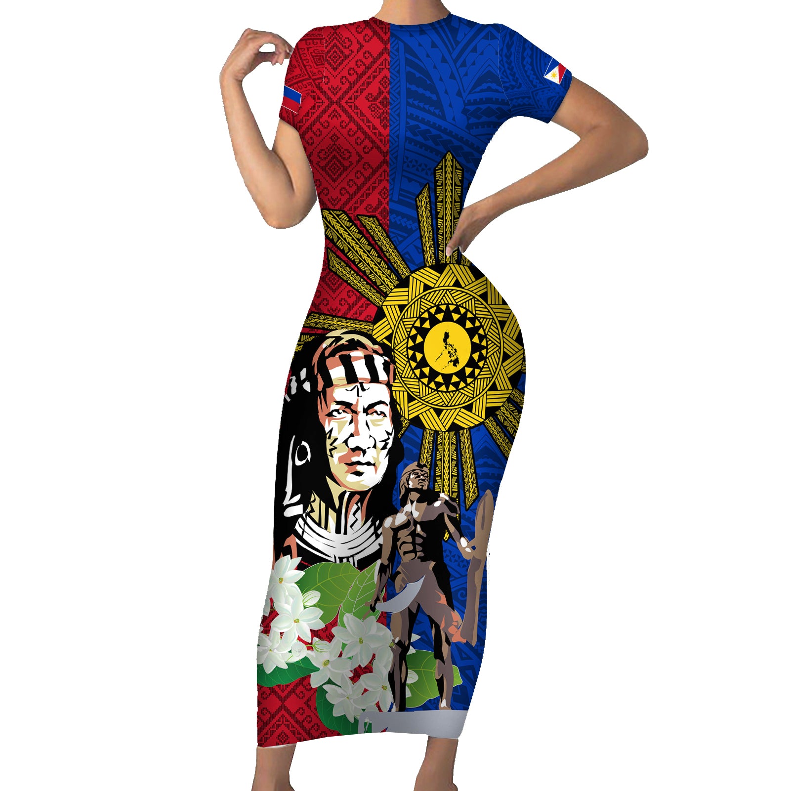 Philippines Lapu-Lapu Short Sleeve Bodycon Dress Filipino Sun Tattoo With Yakan Pattern