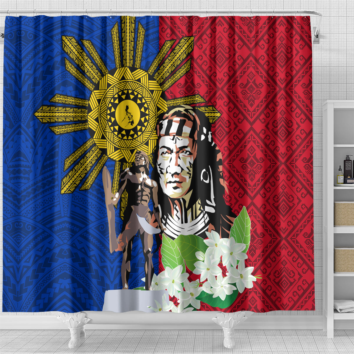 Philippines Lapu-Lapu Shower Curtain Filipino Sun Tattoo With Yakan Pattern