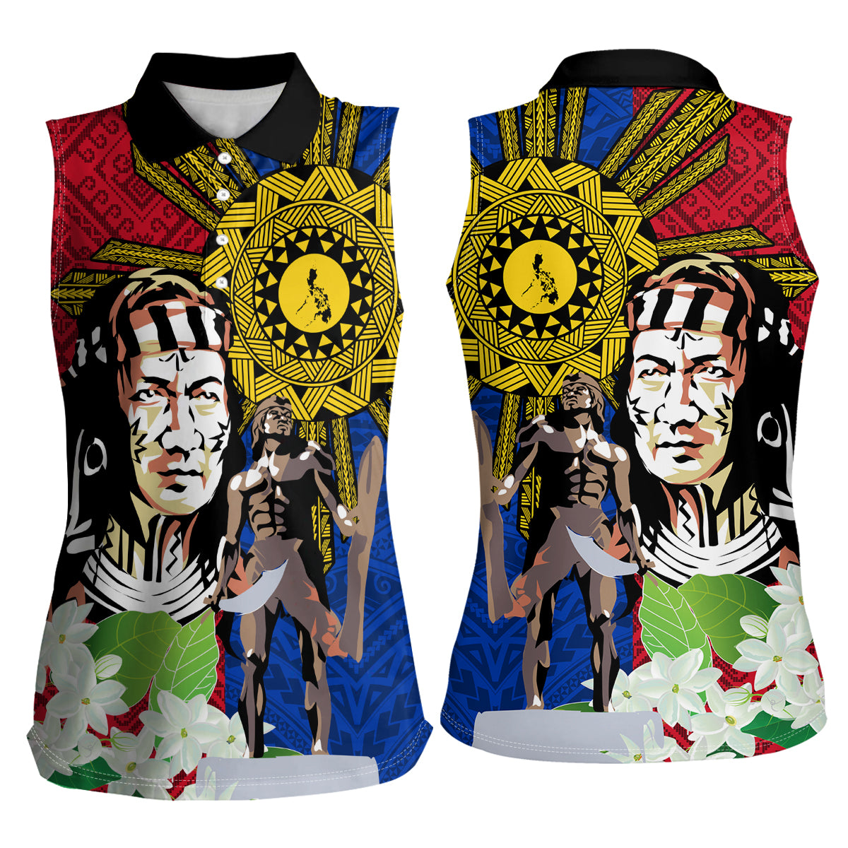 Philippines Lapu-Lapu Women Sleeveless Polo Shirt Filipino Sun Tattoo With Yakan Pattern