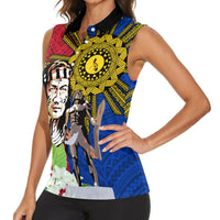 Philippines Lapu-Lapu Women Sleeveless Polo Shirt Filipino Sun Tattoo With Yakan Pattern