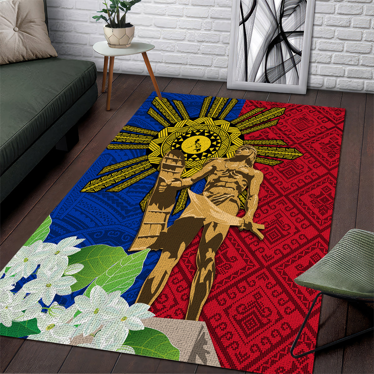 Philippines Lapu Lapu King Jasmine Flowers Area Rug Filipino Sun Tattoo