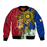 Philippines Lapu Lapu King Jasmine Flowers Bomber Jacket Filipino Sun Tattoo
