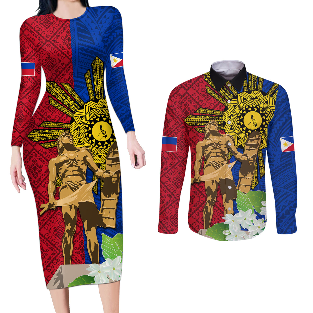 Philippines Lapu Lapu King Jasmine Flowers Couples Matching Long Sleeve Bodycon Dress and Long Sleeve Button Shirt Filipino Sun Tattoo