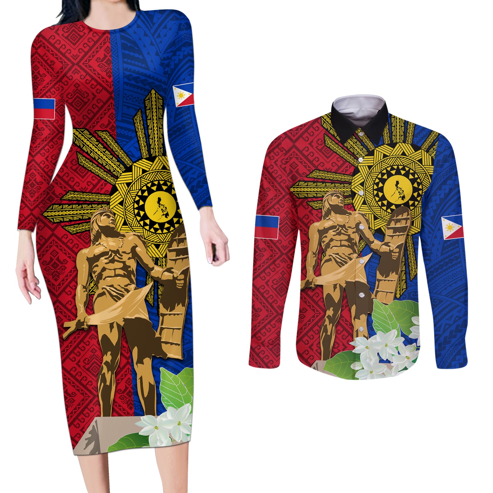 Philippines Lapu Lapu King Jasmine Flowers Couples Matching Long Sleeve Bodycon Dress and Long Sleeve Button Shirt Filipino Sun Tattoo