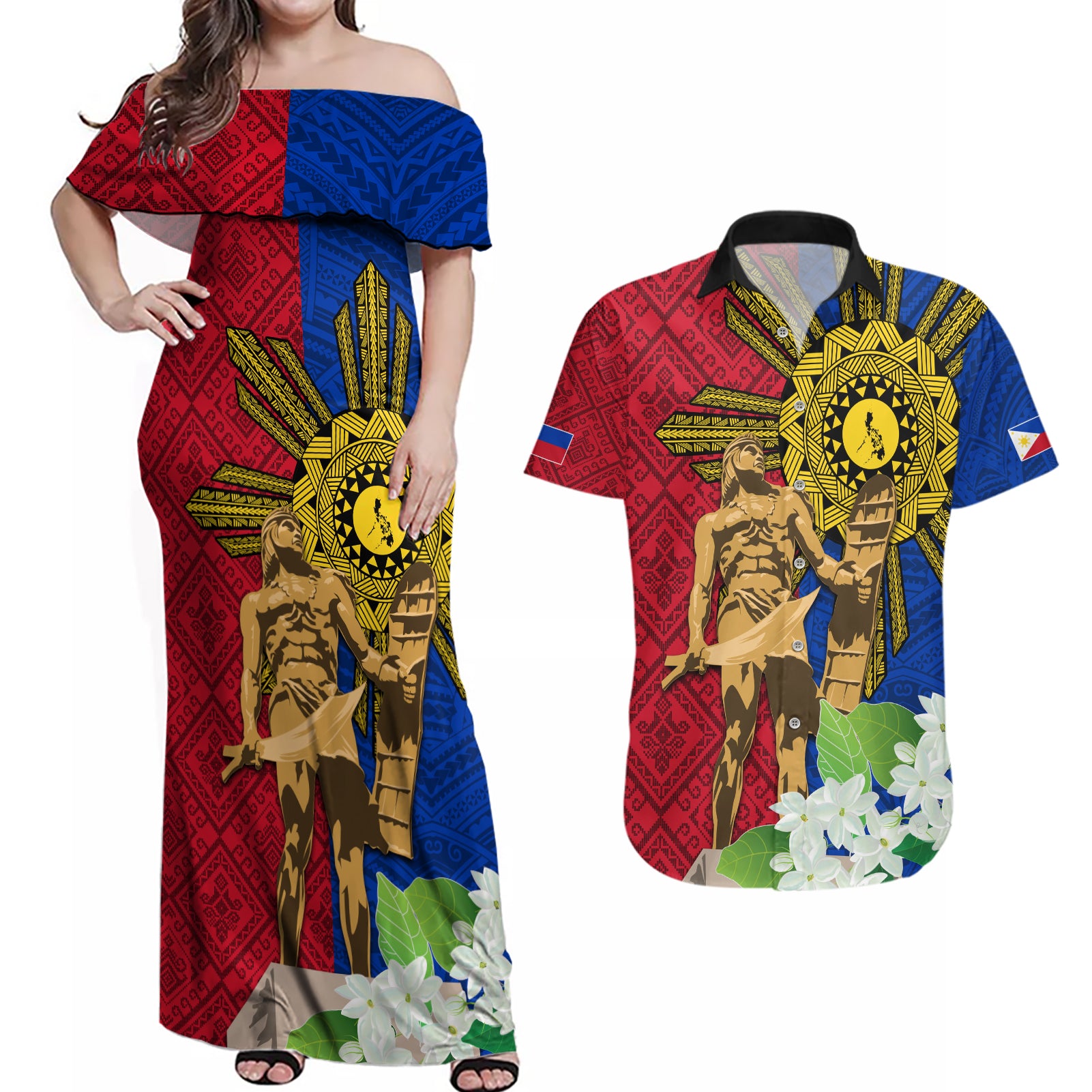 Philippines Lapu Lapu King Jasmine Flowers Couples Matching Off Shoulder Maxi Dress and Hawaiian Shirt Filipino Sun Tattoo