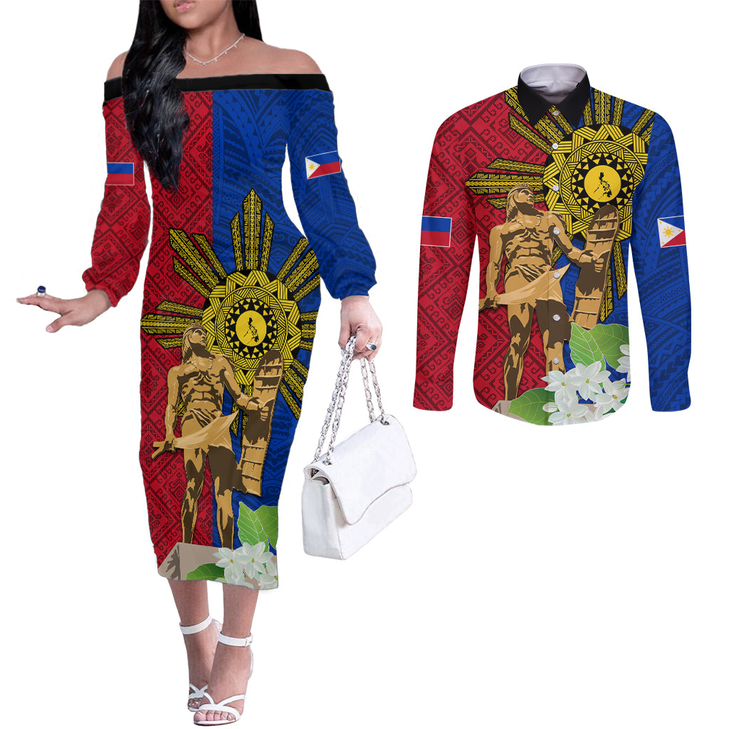 Philippines Lapu Lapu King Jasmine Flowers Couples Matching Off The Shoulder Long Sleeve Dress and Long Sleeve Button Shirt Filipino Sun Tattoo