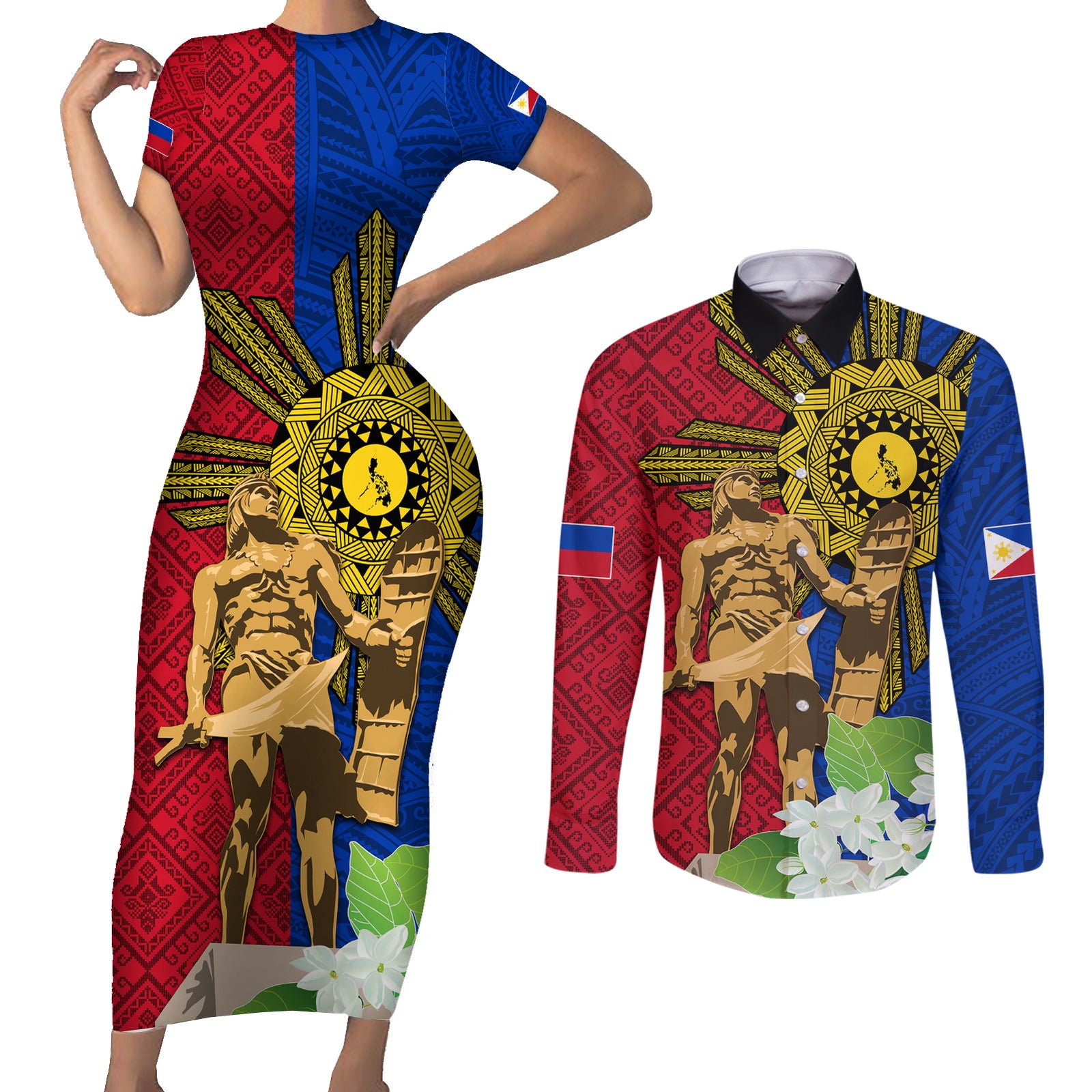 Philippines Lapu Lapu King Jasmine Flowers Couples Matching Short Sleeve Bodycon Dress and Long Sleeve Button Shirt Filipino Sun Tattoo