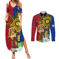Philippines Lapu Lapu King Jasmine Flowers Couples Matching Summer Maxi Dress and Long Sleeve Button Shirt Filipino Sun Tattoo