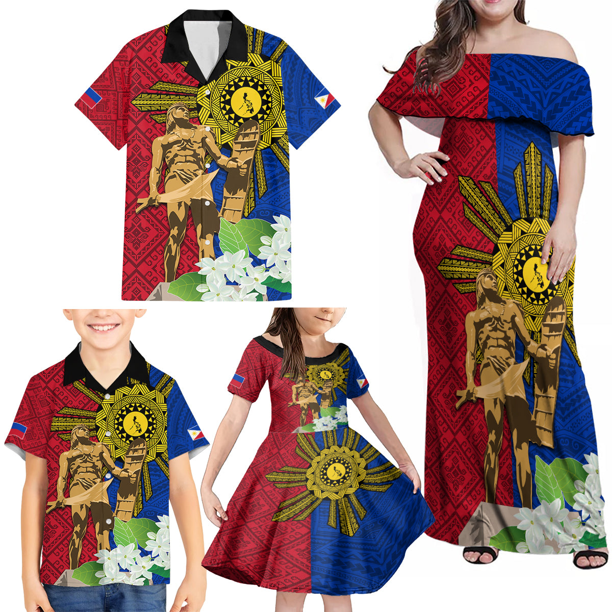 Philippines Lapu Lapu King Jasmine Flowers Family Matching Off Shoulder Maxi Dress and Hawaiian Shirt Filipino Sun Tattoo