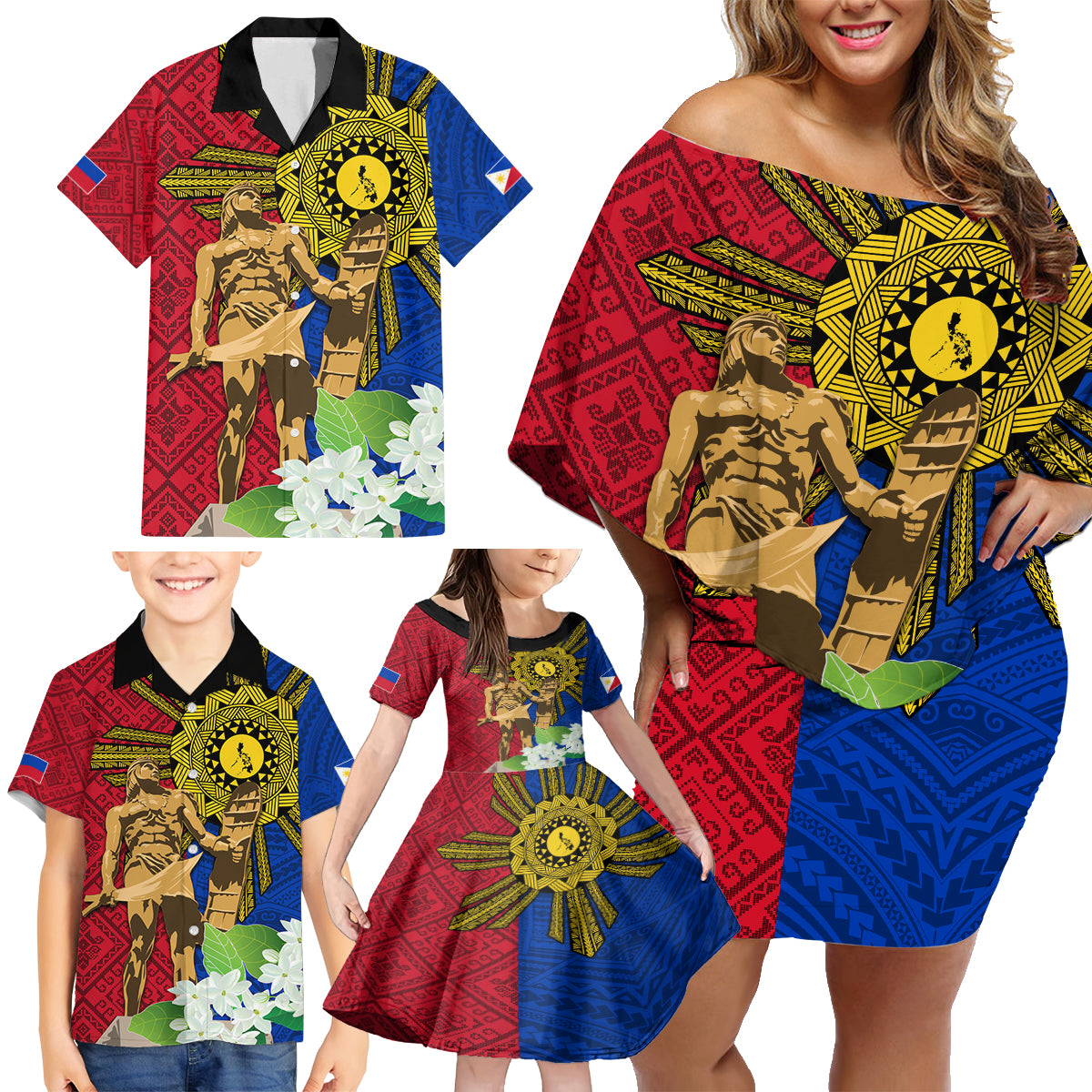 Philippines Lapu Lapu King Jasmine Flowers Family Matching Off Shoulder Short Dress and Hawaiian Shirt Filipino Sun Tattoo