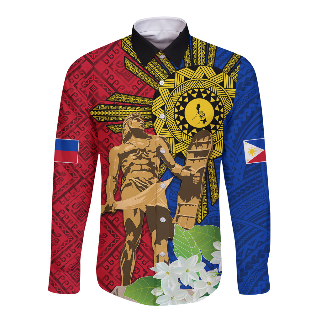 Philippines Lapu Lapu King Jasmine Flowers Long Sleeve Button Shirt Filipino Sun Tattoo