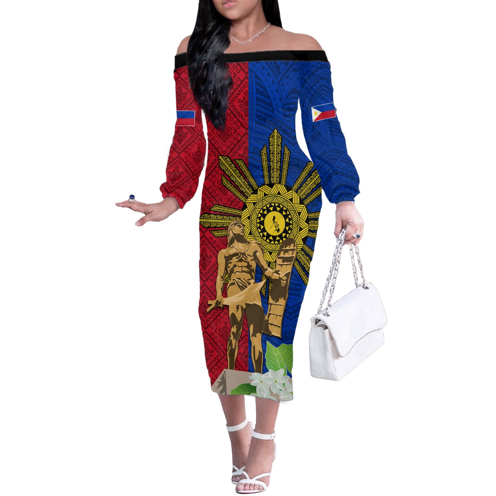 Philippines Lapu Lapu King Jasmine Flowers Off The Shoulder Long Sleeve Dress Filipino Sun Tattoo