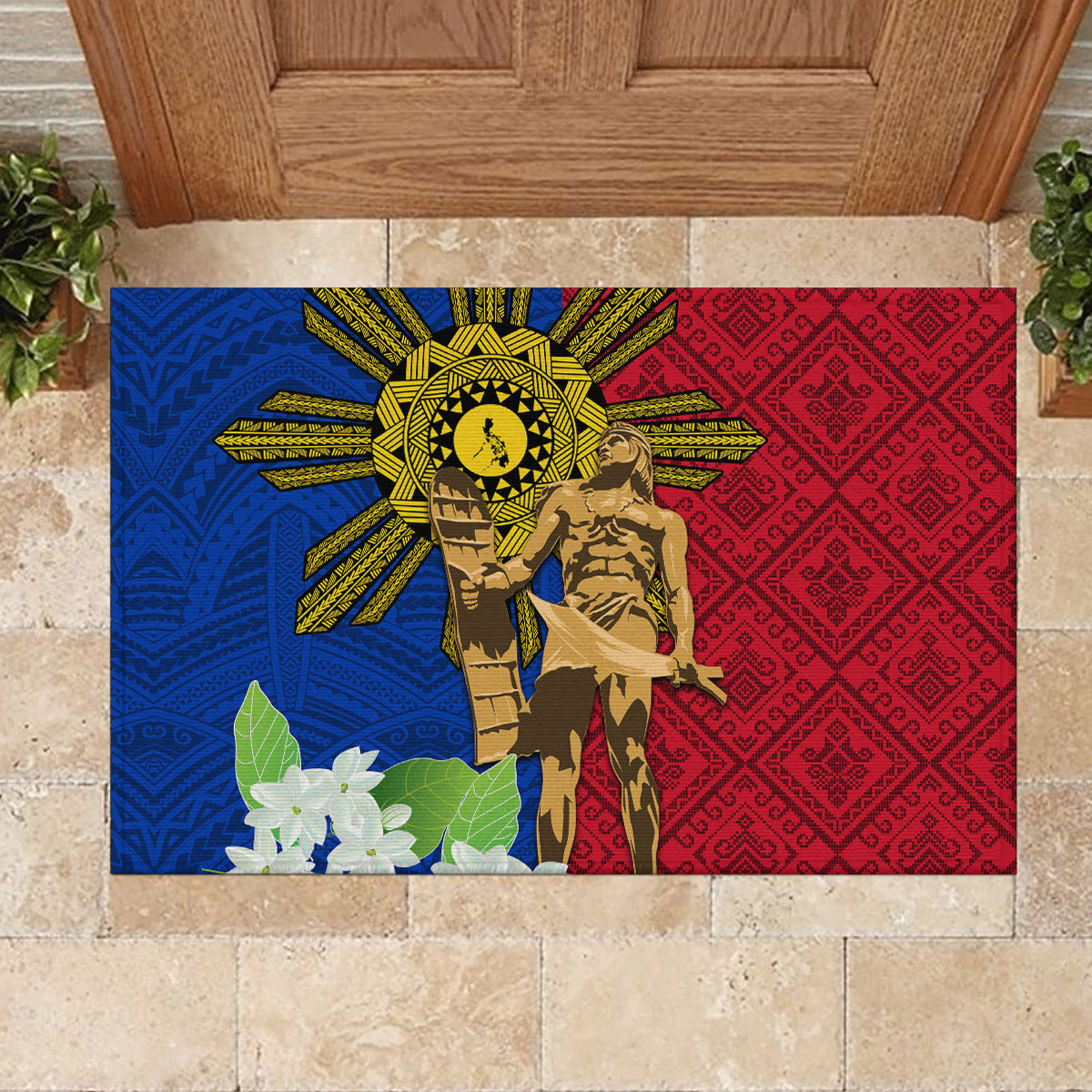 Philippines Lapu Lapu King Jasmine Flowers Rubber Doormat Filipino Sun Tattoo