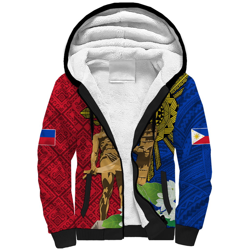 Philippines Lapu Lapu King Jasmine Flowers Sherpa Hoodie Filipino Sun Tattoo