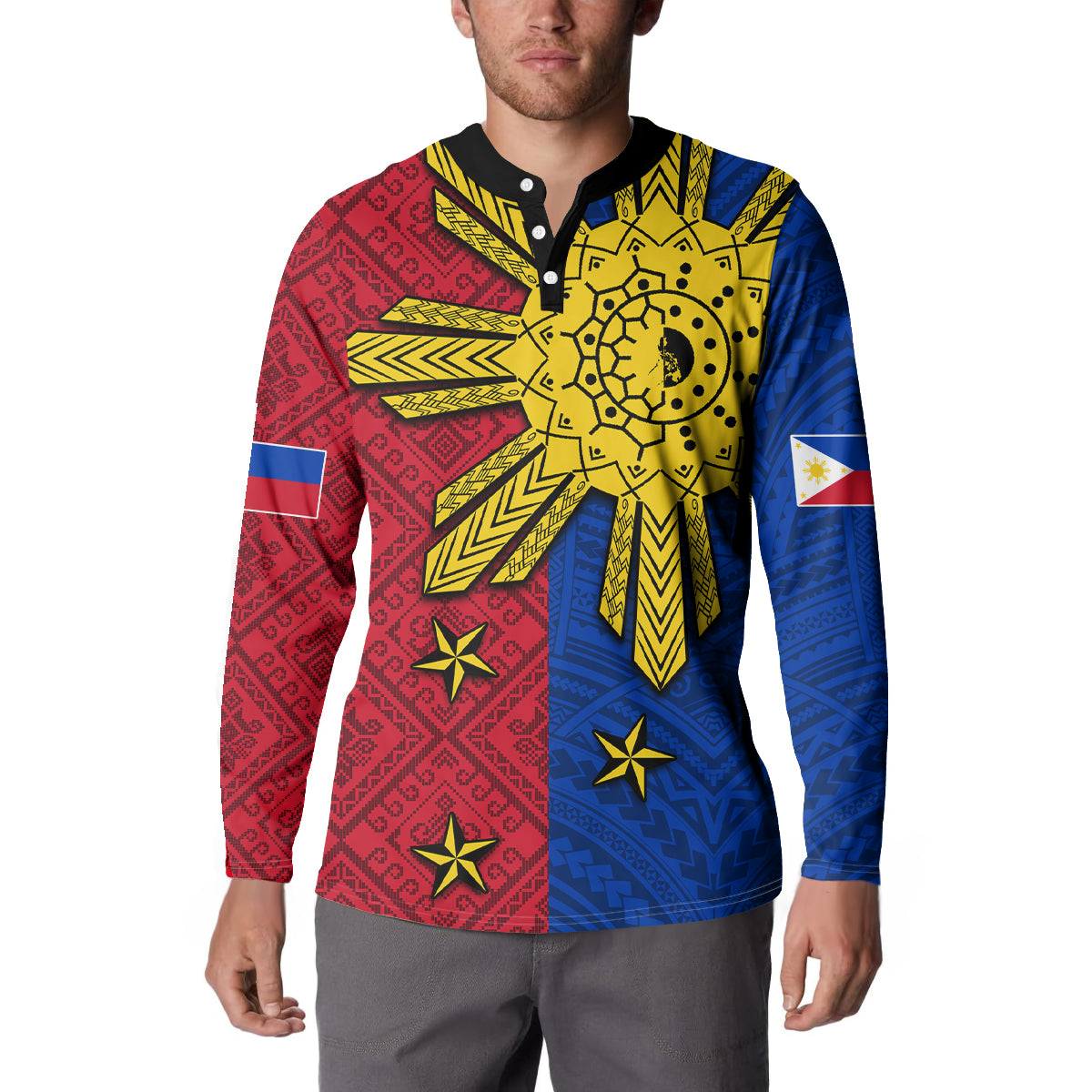 Philippines Sun Batok Tattoo Button Sweatshirt Polynesian and Yakan Pattern