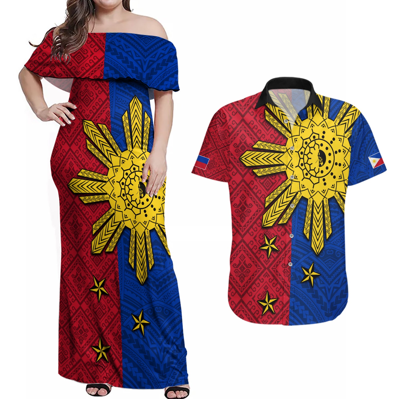 Philippines Sun Batok Tattoo Couples Matching Off Shoulder Maxi Dress and Hawaiian Shirt Polynesian and Yakan Pattern