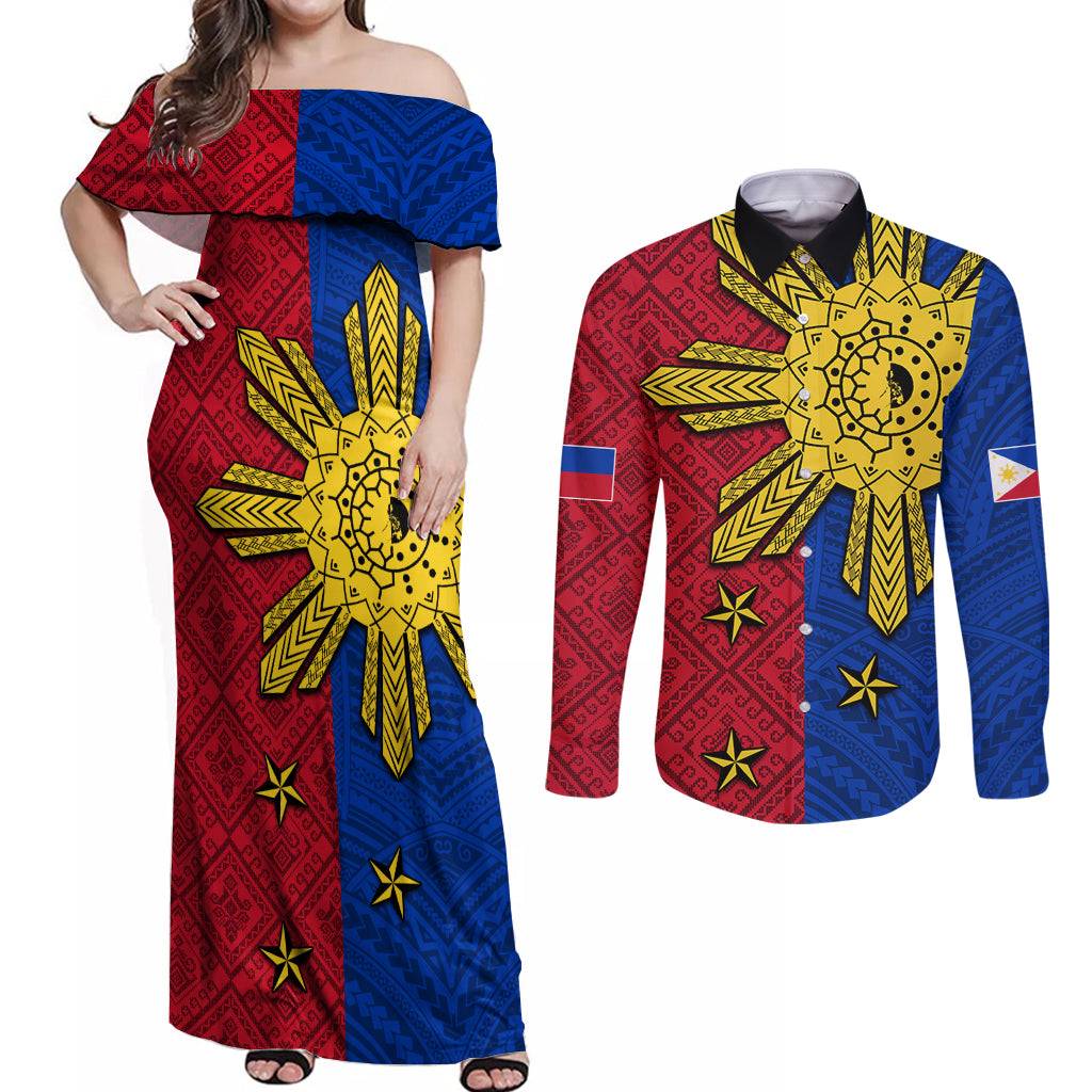 Philippines Sun Batok Tattoo Couples Matching Off Shoulder Maxi Dress and Long Sleeve Button Shirt Polynesian and Yakan Pattern
