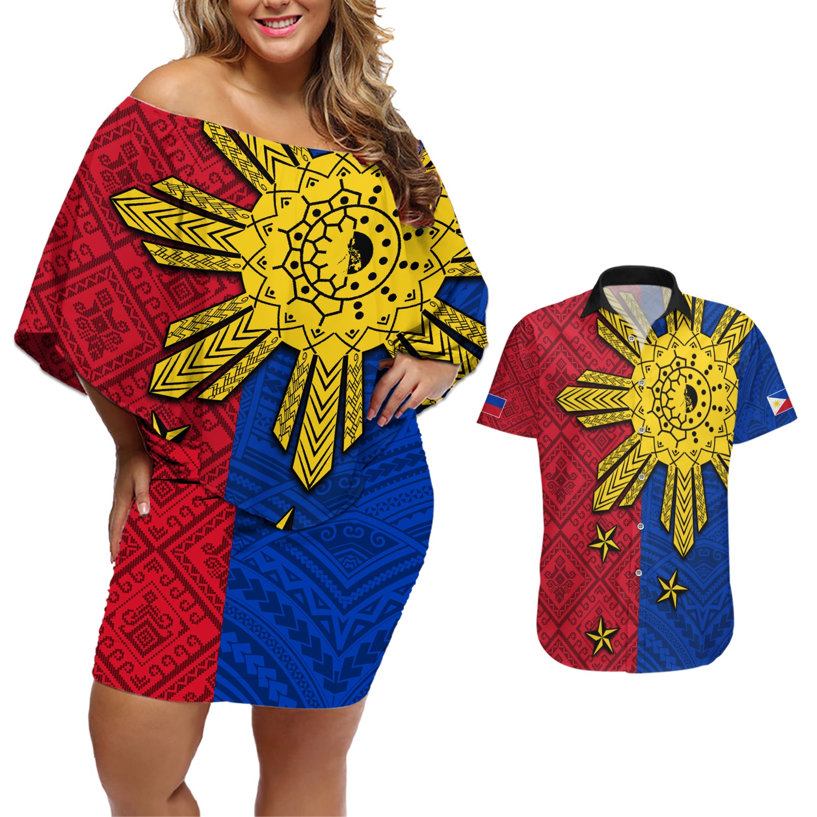 Philippines Sun Batok Tattoo Couples Matching Off Shoulder Short Dress and Hawaiian Shirt Polynesian and Yakan Pattern