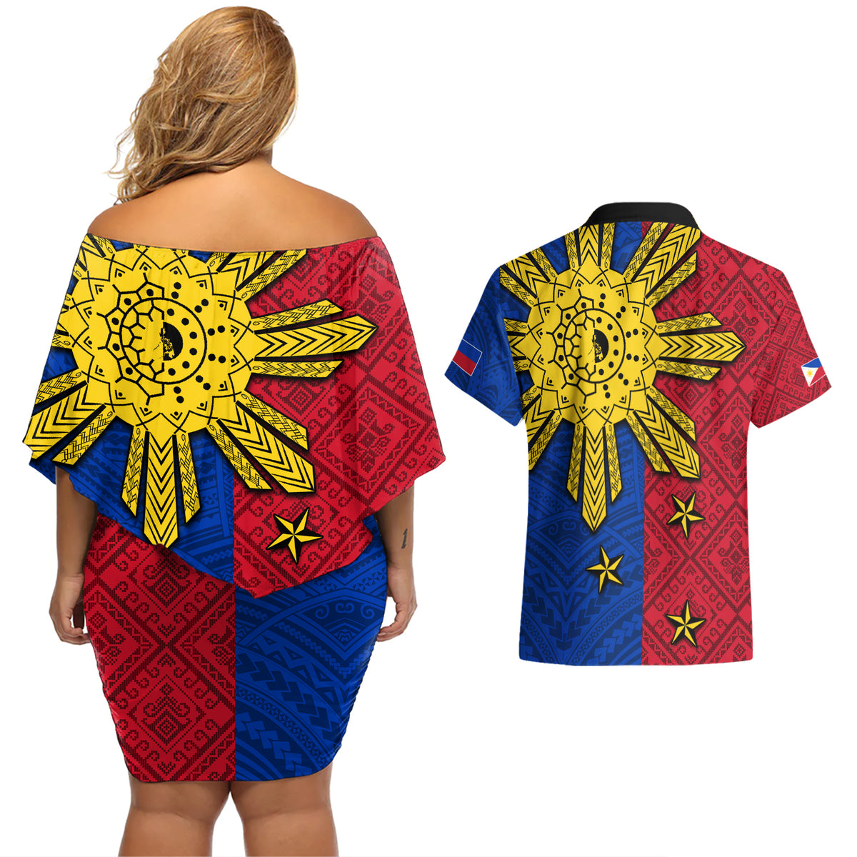 Philippines Sun Batok Tattoo Couples Matching Off Shoulder Short Dress and Hawaiian Shirt Polynesian and Yakan Pattern