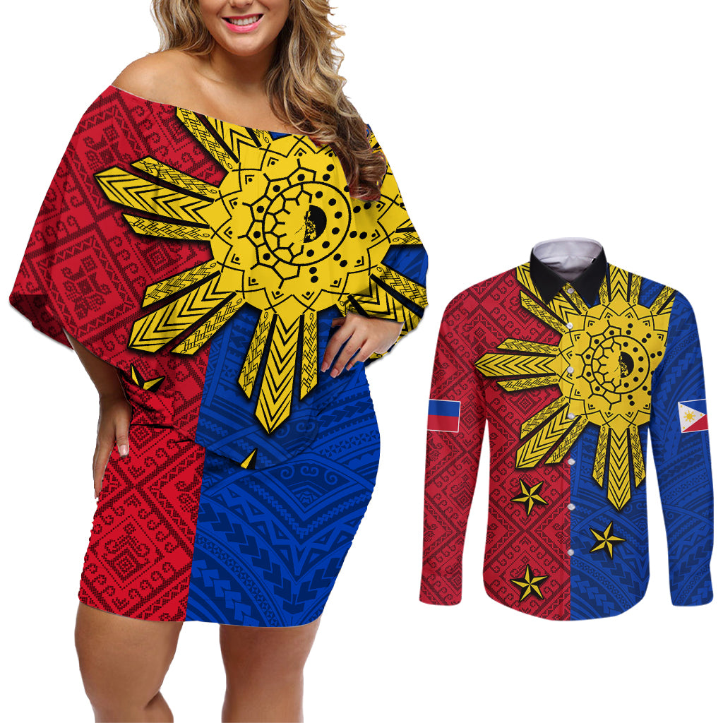 Philippines Sun Batok Tattoo Couples Matching Off Shoulder Short Dress and Long Sleeve Button Shirt Polynesian and Yakan Pattern