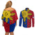 Philippines Sun Batok Tattoo Couples Matching Off Shoulder Short Dress and Long Sleeve Button Shirt Polynesian and Yakan Pattern