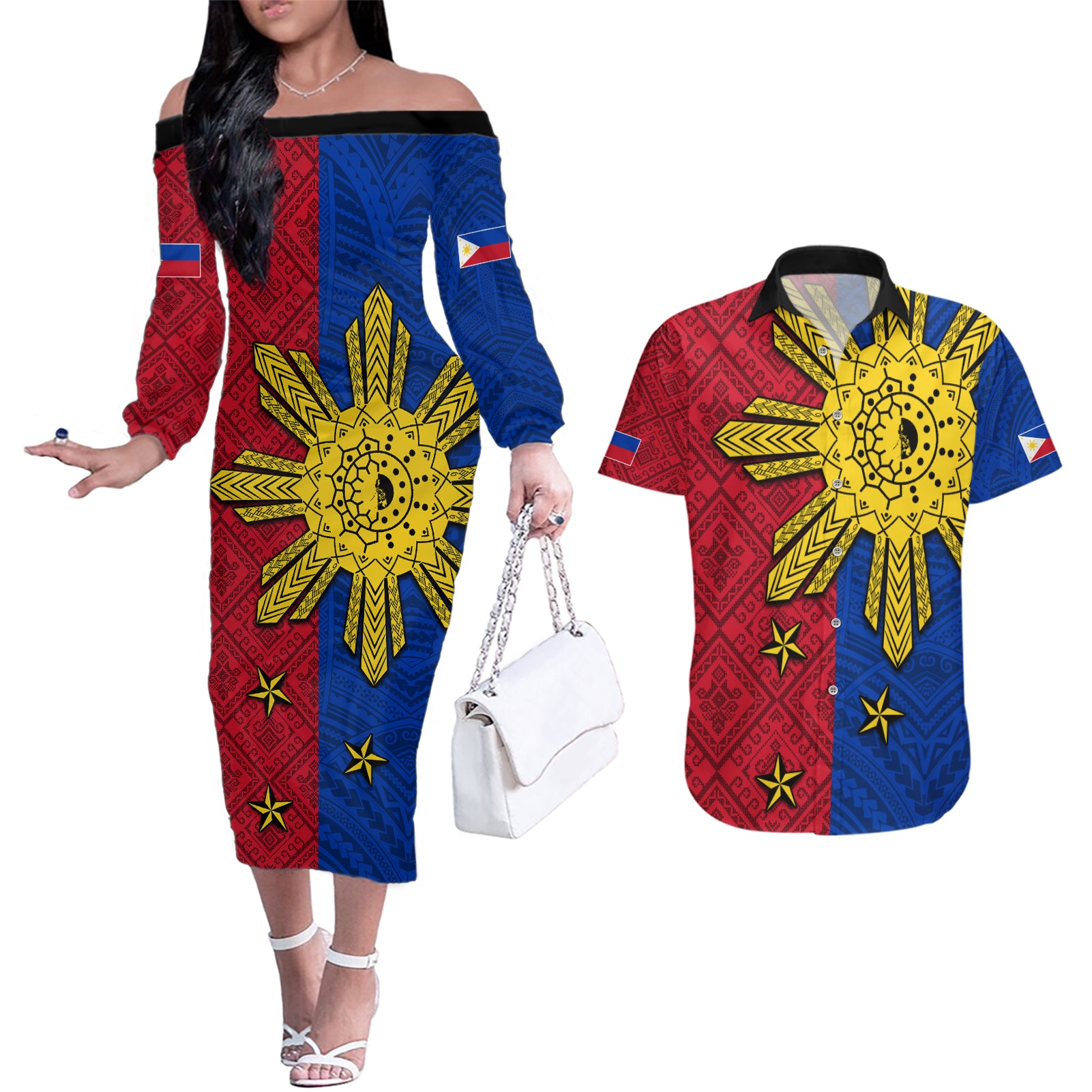 Philippines Sun Batok Tattoo Couples Matching Off The Shoulder Long Sleeve Dress and Hawaiian Shirt Polynesian and Yakan Pattern