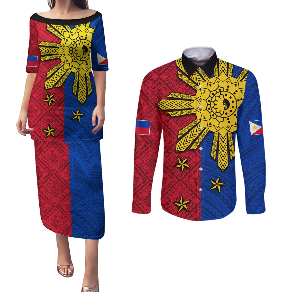 Philippines Sun Batok Tattoo Couples Matching Puletasi and Long Sleeve Button Shirt Polynesian and Yakan Pattern
