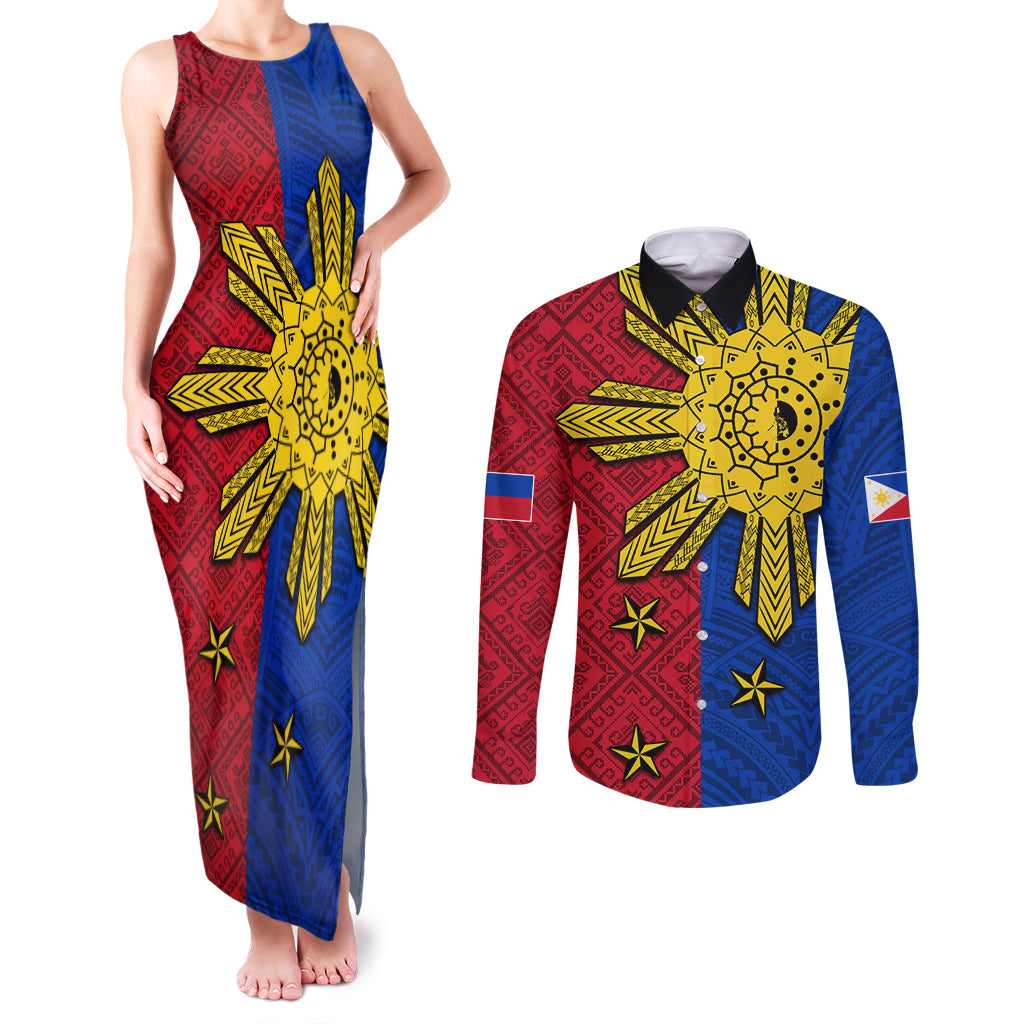 Philippines Sun Batok Tattoo Couples Matching Tank Maxi Dress and Long Sleeve Button Shirt Polynesian and Yakan Pattern