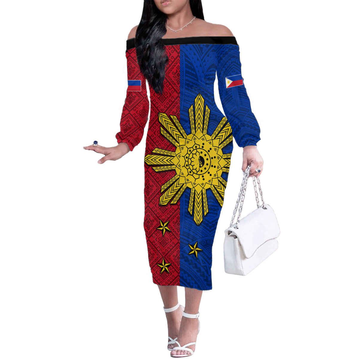 Philippines Sun Batok Tattoo Family Matching Off The Shoulder Long Sleeve Dress and Hawaiian Shirt Polynesian and Yakan Pattern