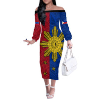 Philippines Sun Batok Tattoo Family Matching Off The Shoulder Long Sleeve Dress and Hawaiian Shirt Polynesian and Yakan Pattern
