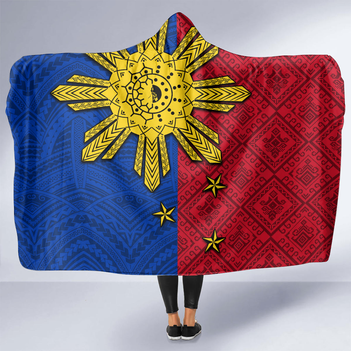 Philippines Sun Batok Tattoo Hooded Blanket Polynesian and Yakan Pattern