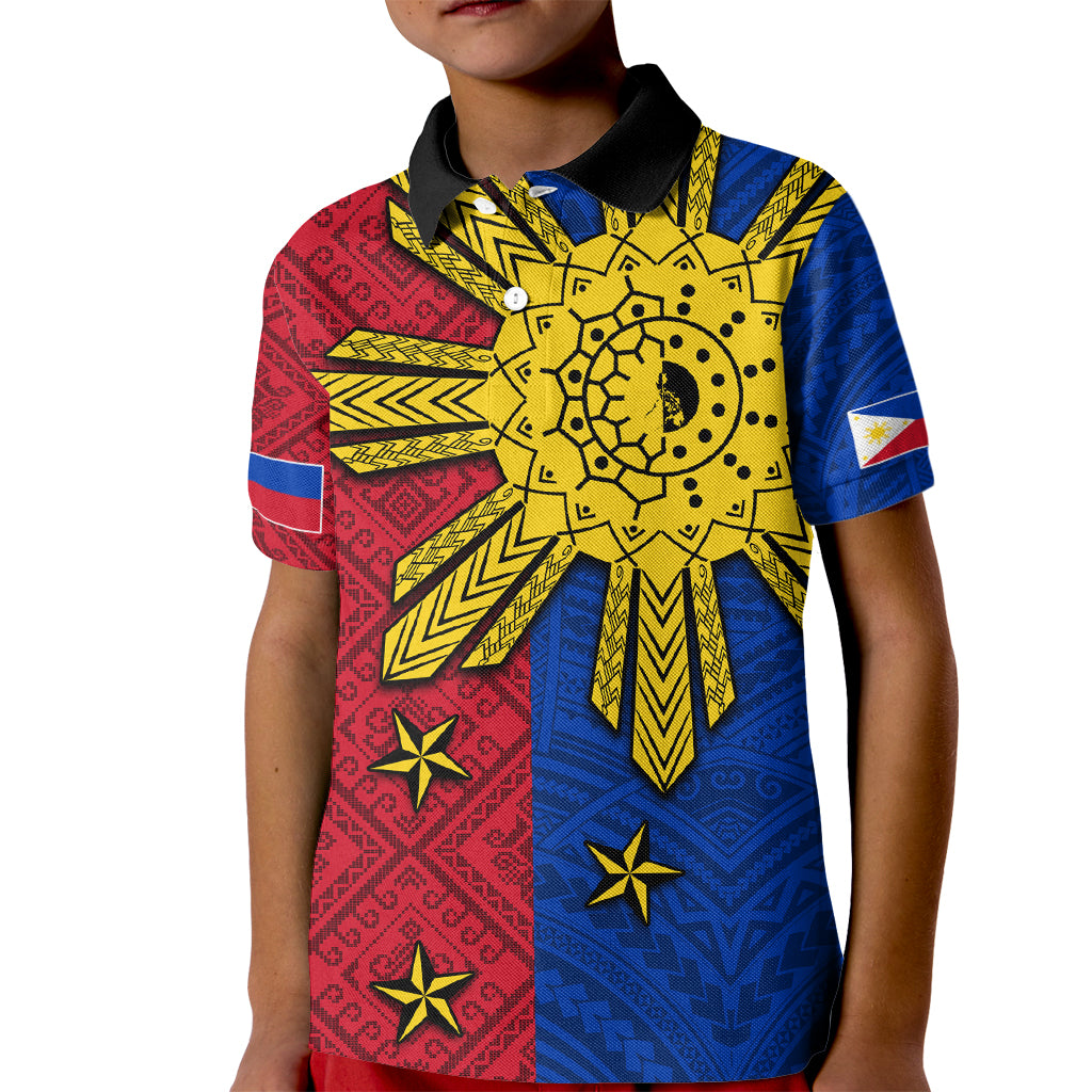 Philippines Sun Batok Tattoo Kid Polo Shirt Polynesian and Yakan Pattern