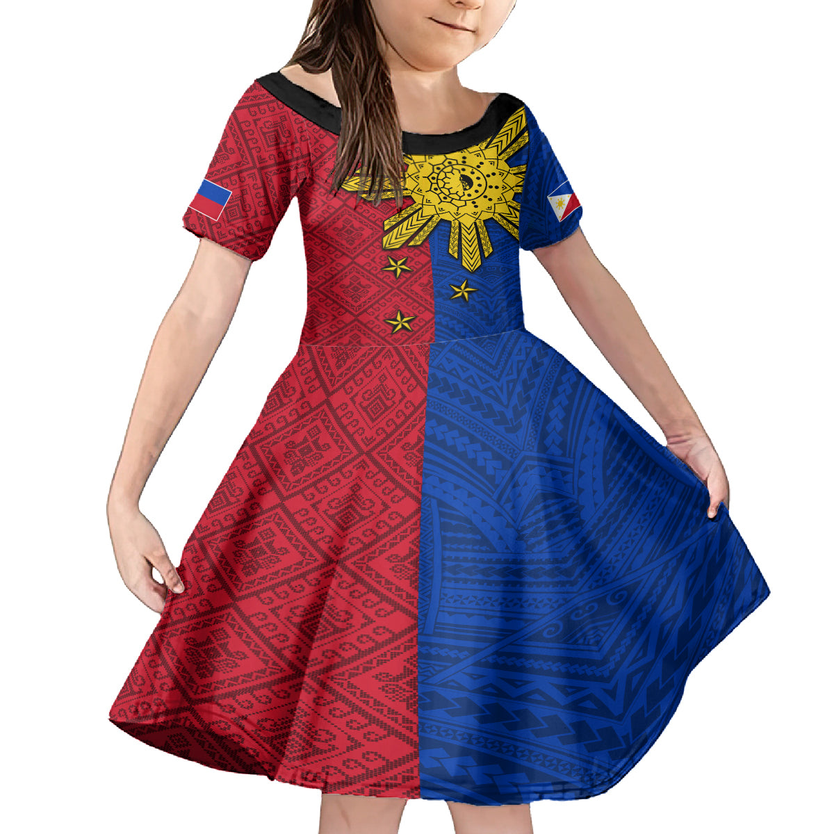 Philippines Sun Batok Tattoo Kid Short Sleeve Dress Polynesian and Yakan Pattern