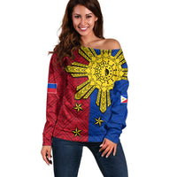 Philippines Sun Batok Tattoo Off Shoulder Sweater Polynesian and Yakan Pattern