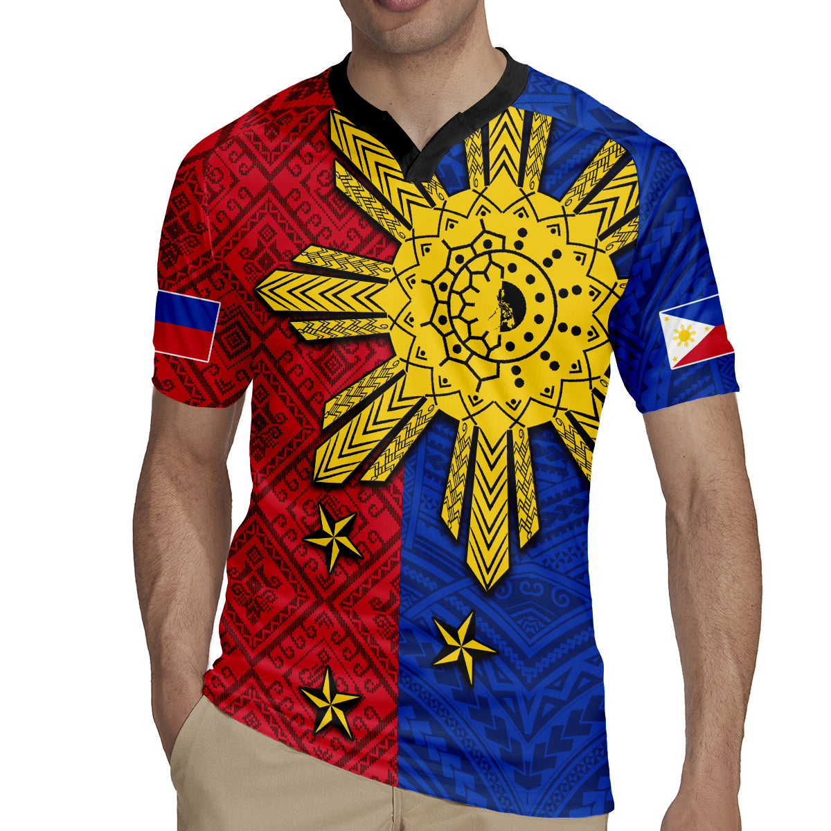 Philippines Sun Batok Tattoo Rugby Jersey Polynesian and Yakan Pattern