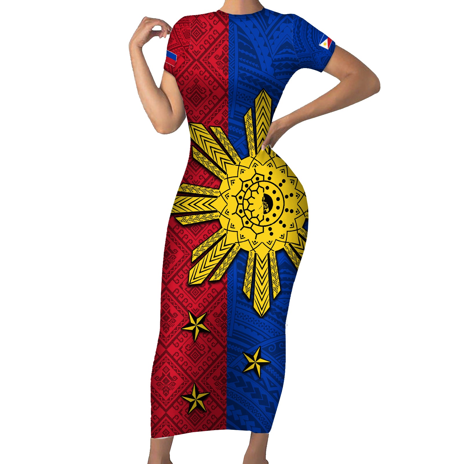 Philippines Sun Batok Tattoo Short Sleeve Bodycon Dress Polynesian and Yakan Pattern