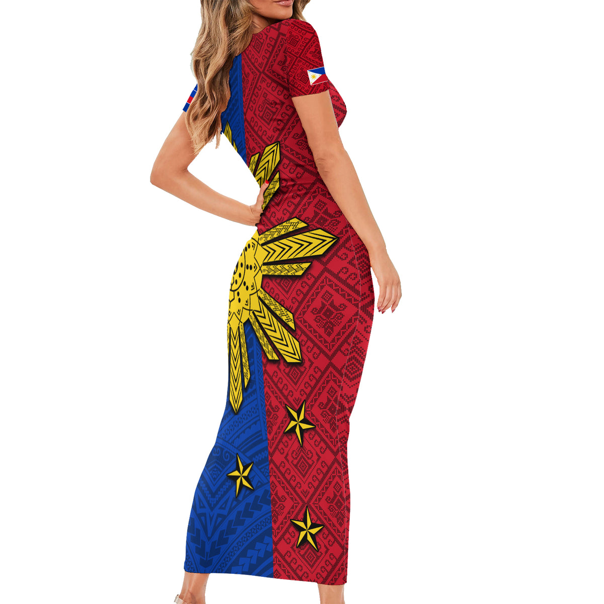 Philippines Sun Batok Tattoo Short Sleeve Bodycon Dress Polynesian and Yakan Pattern LT03 - Polynesian Pride