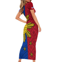 Philippines Sun Batok Tattoo Short Sleeve Bodycon Dress Polynesian and Yakan Pattern LT03 - Polynesian Pride