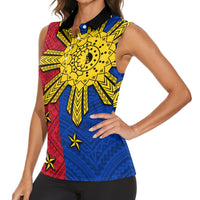 Philippines Sun Batok Tattoo Women Sleeveless Polo Shirt Polynesian and Yakan Pattern