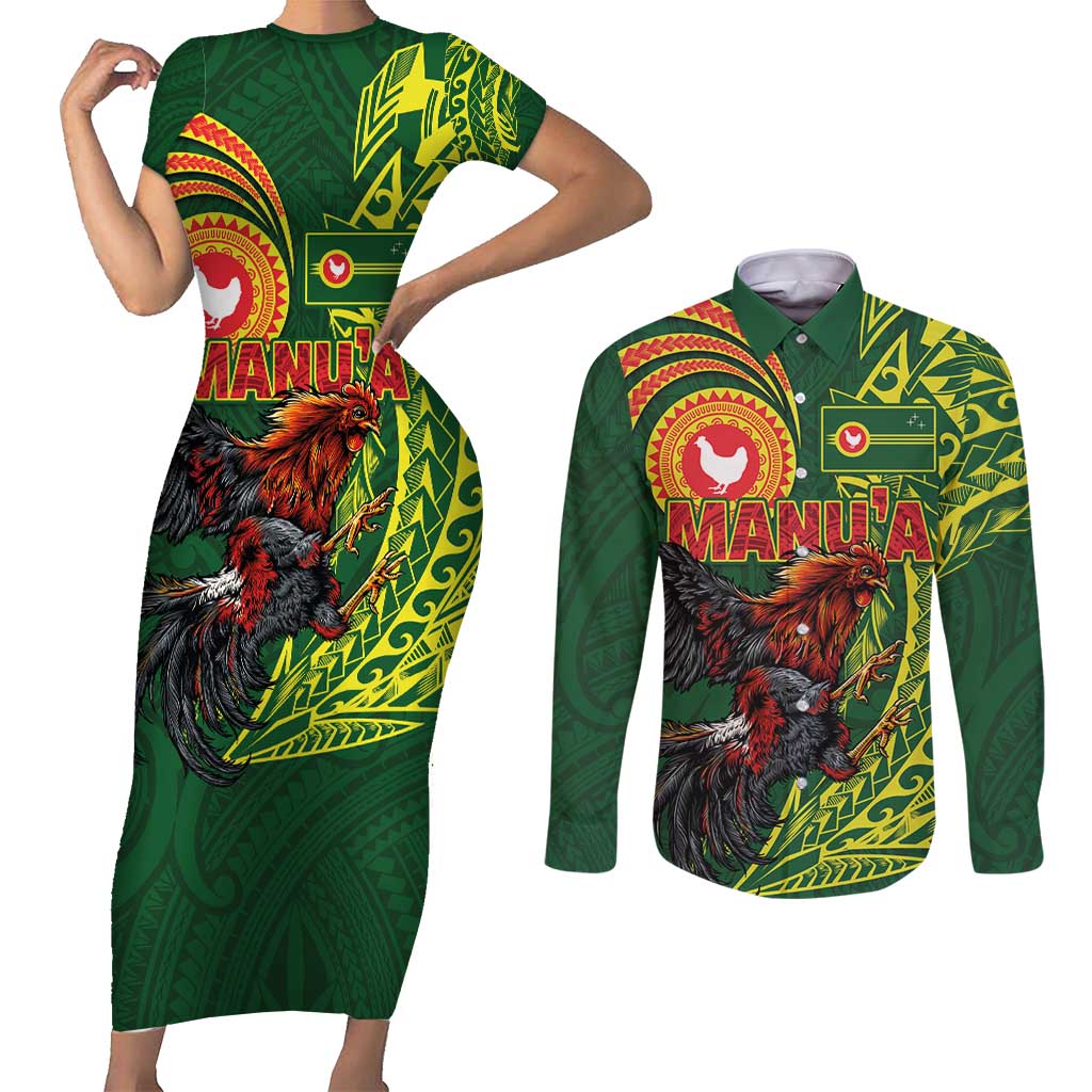 Proud of Manu'a Islands Couples Matching Short Sleeve Bodycon Dress and Long Sleeve Button Shirt Rooster and Polynesian Art Wing Style
