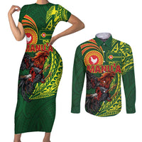 Proud of Manu'a Islands Couples Matching Short Sleeve Bodycon Dress and Long Sleeve Button Shirt Rooster and Polynesian Art Wing Style