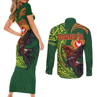 Proud of Manu'a Islands Couples Matching Short Sleeve Bodycon Dress and Long Sleeve Button Shirt Rooster and Polynesian Art Wing Style