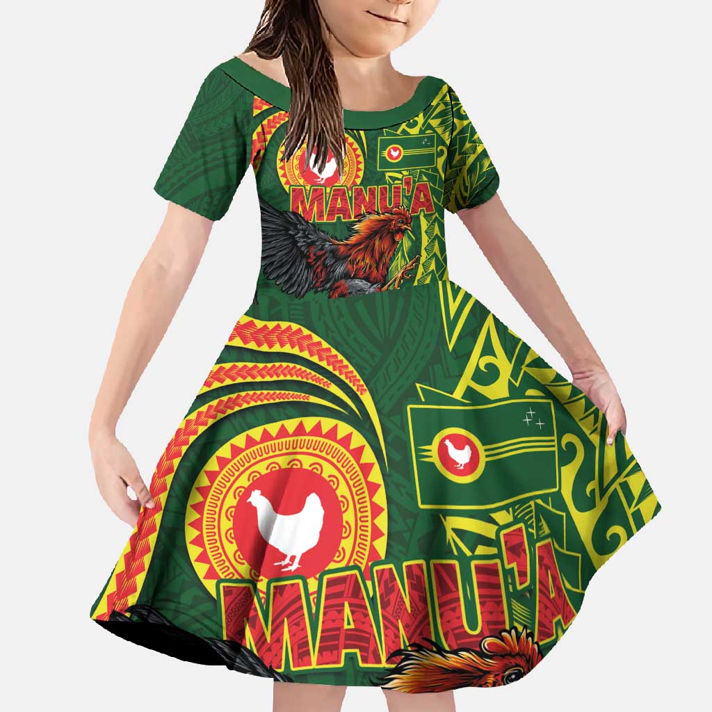 Proud of Manu'a Islands Family Matching Long Sleeve Bodycon Dress and Hawaiian Shirt Rooster and Polynesian Art Wing Style LT03 Daughter's Dress Green - Polynesian Pride