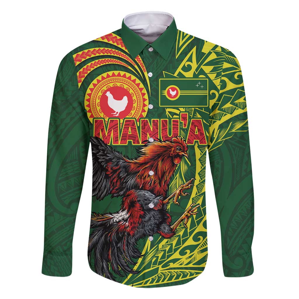 Proud of Manu'a Islands Family Matching Long Sleeve Bodycon Dress and Hawaiian Shirt Rooster and Polynesian Art Wing Style LT03 Dad's Shirt - Long Sleeve Green - Polynesian Pride