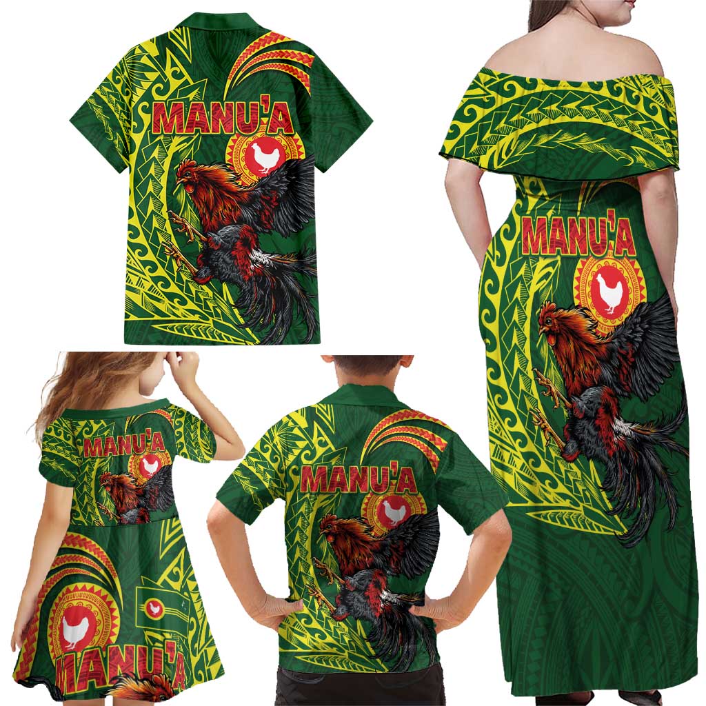 Proud of Manu'a Islands Family Matching Off Shoulder Maxi Dress and Hawaiian Shirt Rooster and Polynesian Art Wing Style