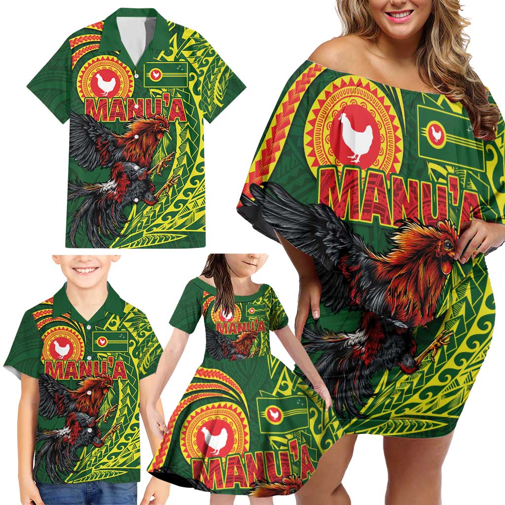 Proud of Manu'a Islands Family Matching Off Shoulder Short Dress and Hawaiian Shirt Rooster and Polynesian Art Wing Style