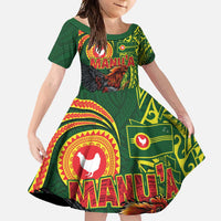 Proud of Manu'a Islands Family Matching Short Sleeve Bodycon Dress and Hawaiian Shirt Rooster and Polynesian Art Wing Style LT03 Daughter's Dress Green - Polynesian Pride
