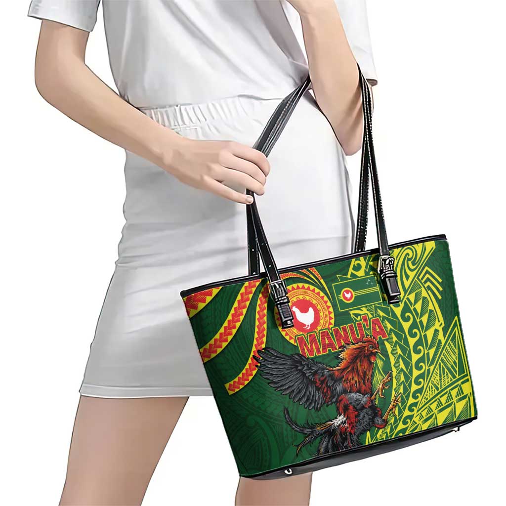 Proud of Manu'a Islands Leather Tote Bag Rooster and Polynesian Art Wing Style