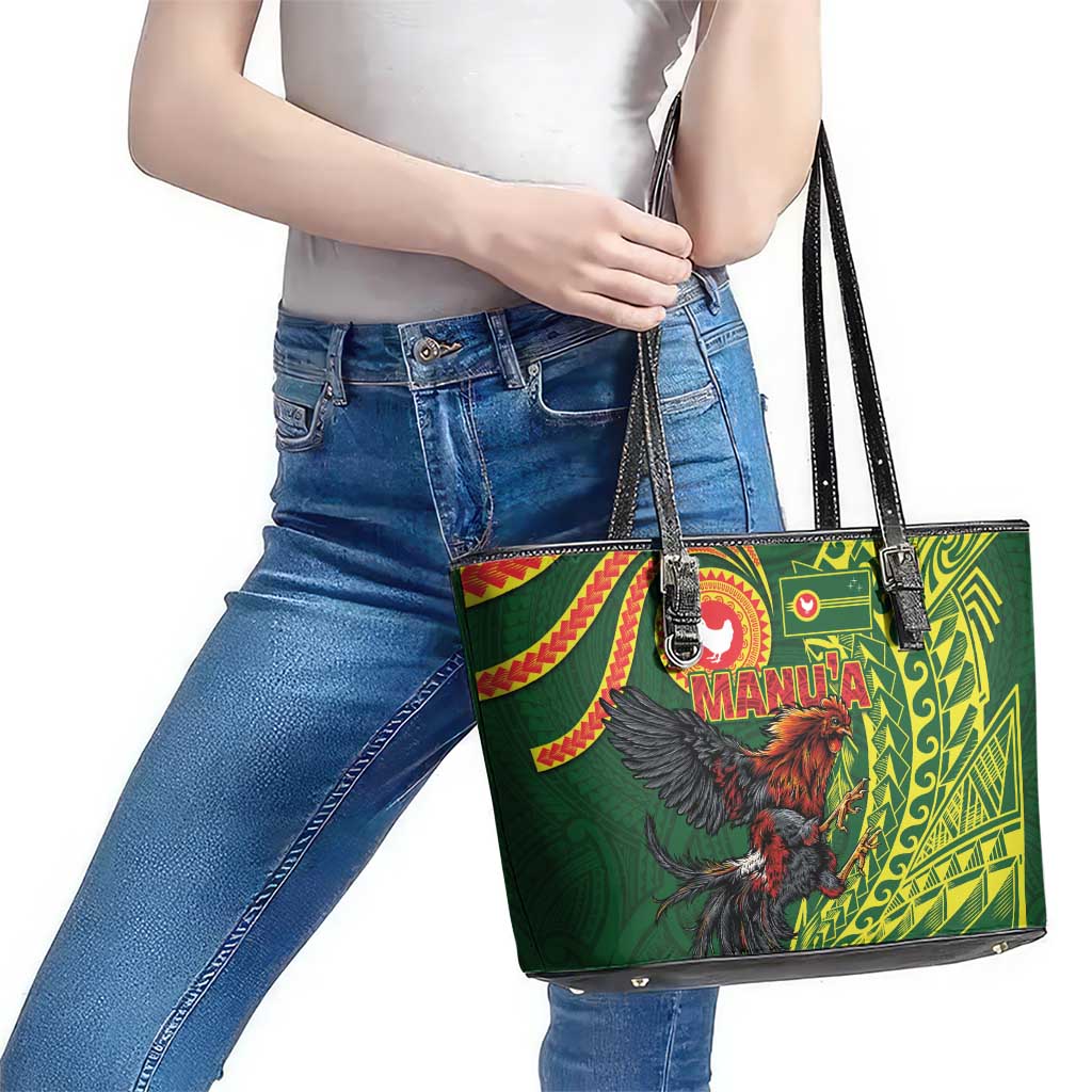 Proud of Manu'a Islands Leather Tote Bag Rooster and Polynesian Art Wing Style