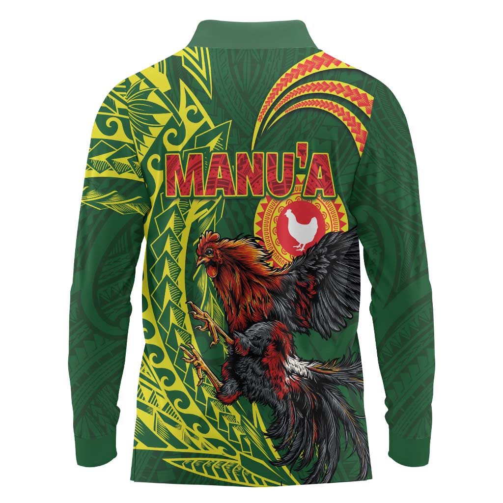 Proud of Manu'a Islands Long Sleeve Polo Shirt Rooster and Polynesian Art Wing Style